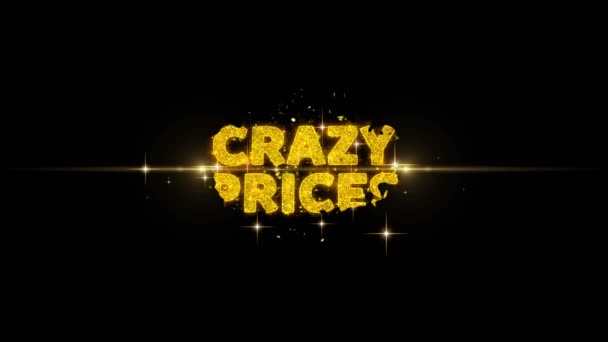 Crazy priser text avslöjar på glitter gyllene partiklar fyrverkeri. — Stockvideo