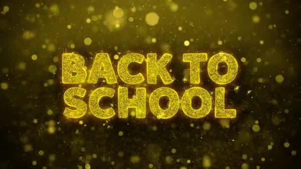 Tillbaka till skolan text på gyllene glitter Shine partiklar animation. — Stockvideo