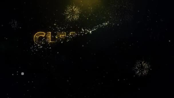 Uitverkoop tekst op goud deeltjes Fireworks Display. — Stockvideo