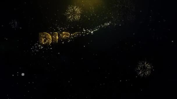 Texto do cartão de desconto na exibição de fogos de artifício de partículas de ouro . — Vídeo de Stock