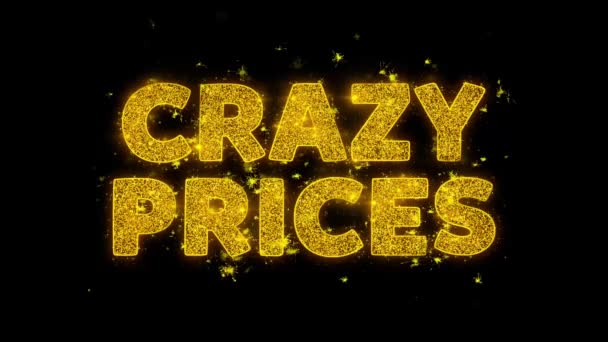 Bláznivé ceny text jiskření částic na černém pozadí. — Stock video