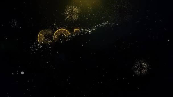 Próximamente texto sobre partículas de oro fuegos artificiales pantalla . — Vídeo de stock