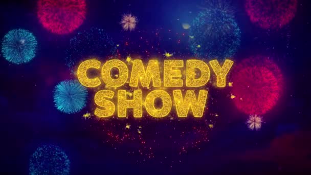 Comedy-Show-Text über bunte Feuerwerk-Explosionspartikel. — Stockvideo