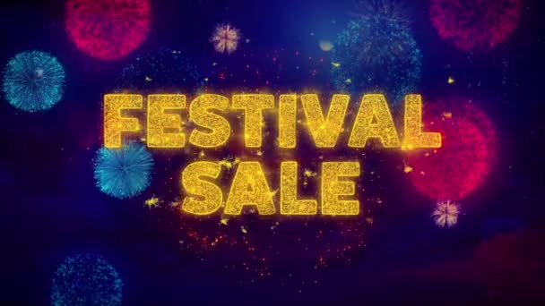 Festival Sale tekst op kleurrijke Ftirework explosie deeltjes. — Stockvideo