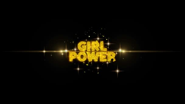 Girl Power text avslöjar på glitter gyllene partiklar fyrverkeri. — Stockvideo