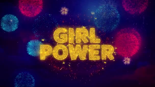 Meisje macht tekst op kleurrijke Ftirework explosie deeltjes. — Stockvideo