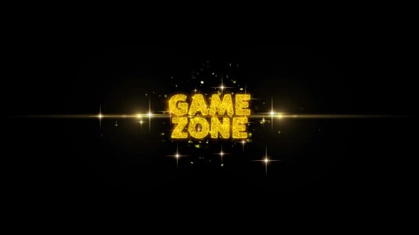 Spel zone tekst onthullen op glitter gouden deeltjes vuurwerk. — Stockvideo