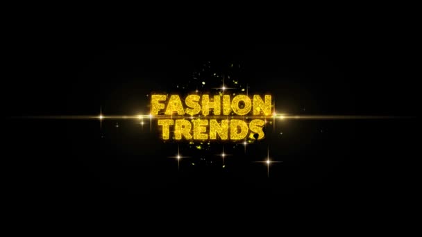 Modetrender text avslöjar på glitter gyllene partiklar fyrverkeri. — Stockvideo