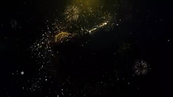 Texto da boa sorte na exibição de fogos de artifício de partículas de ouro . — Vídeo de Stock