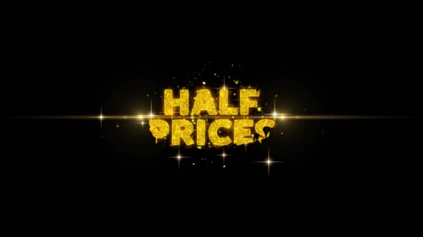 Texto de metade dos preços revela no fogo de artifício de partículas douradas do brilho . — Vídeo de Stock