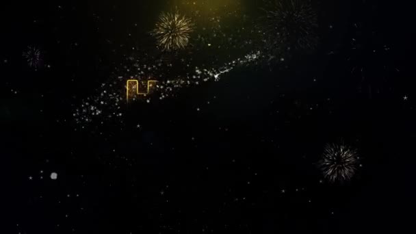 Texto feliz inverno na exibição de fogos de artifício de partículas de ouro . — Vídeo de Stock