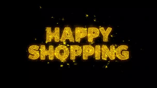 Happy shopping text gnistor partiklar på svart bakgrund. — Stockvideo