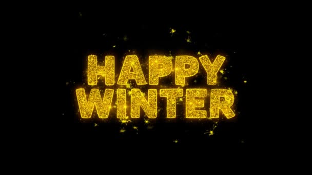 Texto feliz invierno chispas partículas sobre fondo negro . — Vídeo de stock