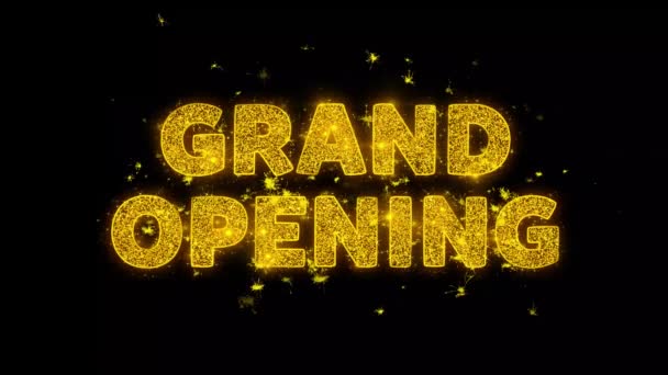 Grand Opening Text Sparks Particles on Black Background. — Stock Video