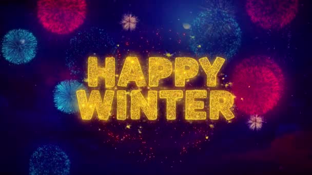 Fröhlicher Wintertext über bunte Fäkalien-Explosionspartikel. — Stockvideo