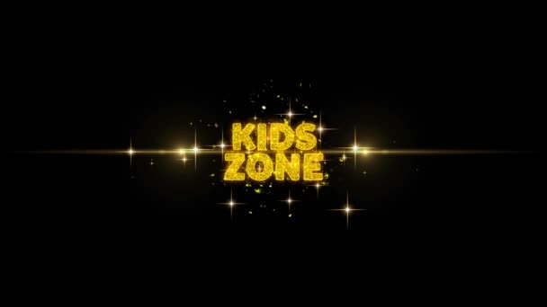 Kids zone Text Reveal on Glitter Golden Particles Firework. — Stock Video