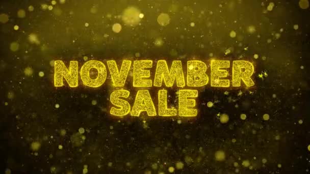 November uitverkoop tekst op gouden glitter glans deeltjes animatie. — Stockvideo