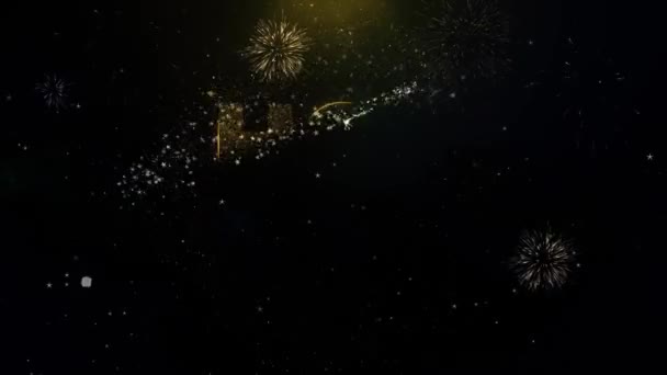 Texto de oferta caliente en la exhibición de fuegos artificiales de partículas de oro . — Vídeos de Stock