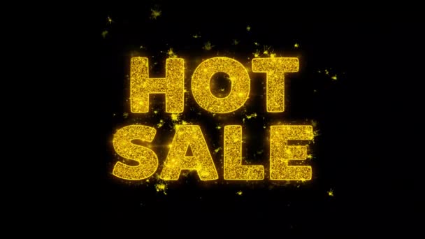 Hot Sale text gnistor partiklar på svart bakgrund. — Stockvideo