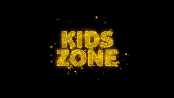 Kids Zone Text funkt Partikel auf schwarzem Hintergrund. — Stockvideo