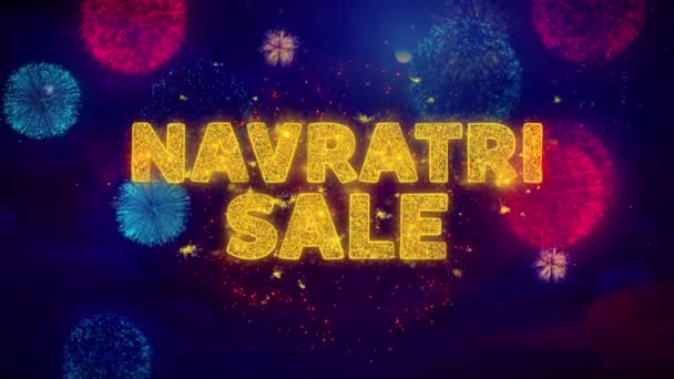 Navratri Verkaufstext über bunte Ftirework-Explosionspartikel. — Stockvideo