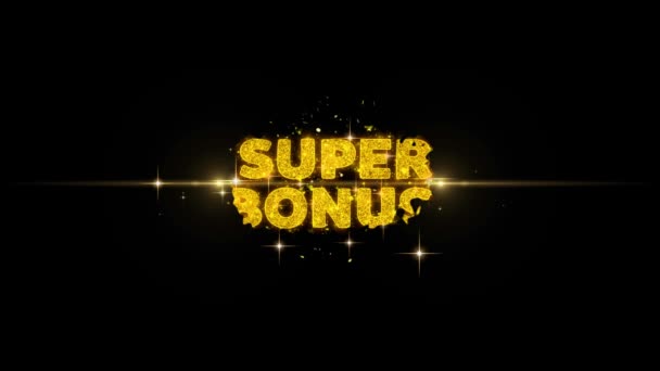Super Bonus Text enthüllen auf glitzernden goldenen Teilchen Feuerwerk. — Stockvideo