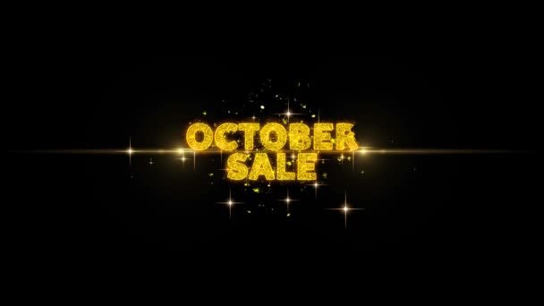 Oktober REA text avslöja på glitter Golden partiklar fyrverkeri. — Stockvideo