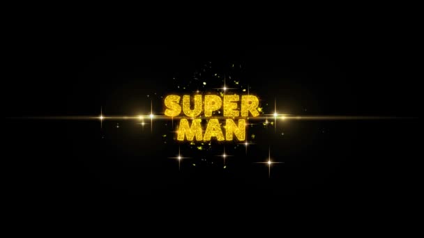 Superman-Text enthüllt auf Glitzergoldpartikeln Feuerwerk. — Stockvideo