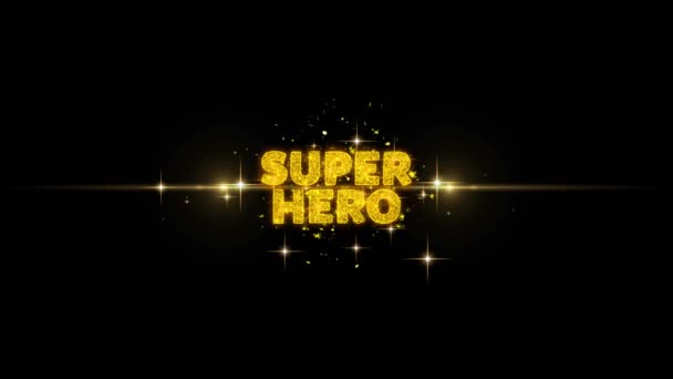 Super Hero Text Reveal on Glitter Golden Particles Firework. — Stock Video