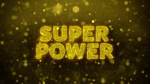 黄金光泽粒子动画上的超级电源文本. — 图库视频影像