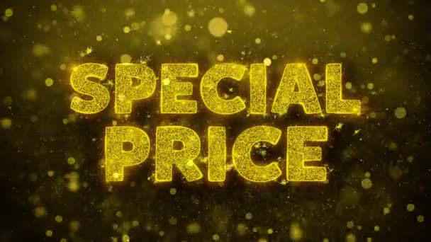 Speciale prijs tekst op gouden glitter glans deeltjes animatie. — Stockvideo