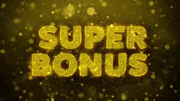 Super Bonus Text auf goldenem Glitzerglanz Teilchen Animation. — Stockvideo