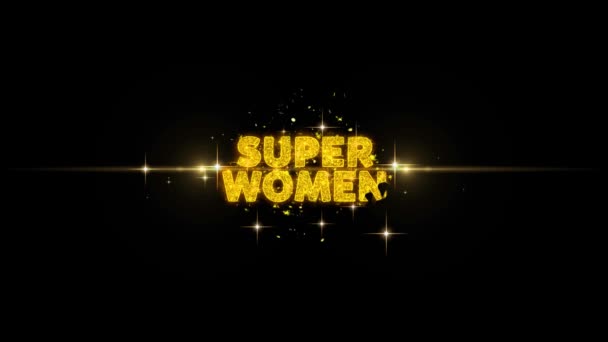 Super Mulheres Texto Revelar no Glitter Golden Particles Fogos de artifício . — Vídeo de Stock