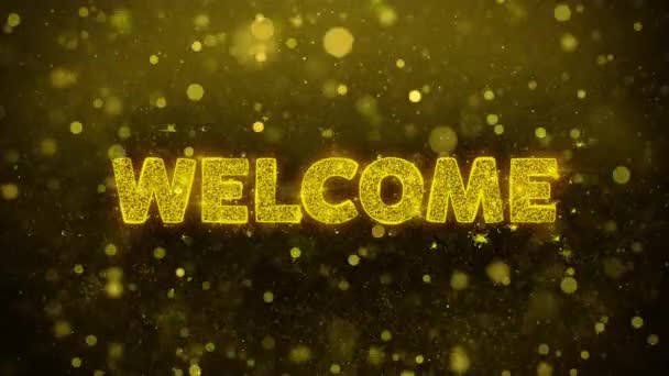Texto de bienvenida sobre la animación de partículas de brillo dorado . — Vídeo de stock