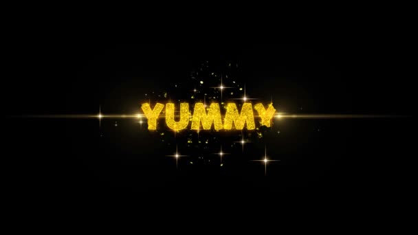 Yummy text avslöja på glitter gyllene partiklar fyrverkeri. — Stockvideo