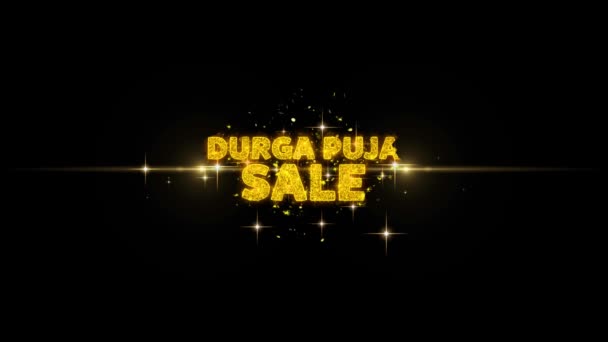 Durga Puja prodejní text zobrazit na třpytu zlaté částice Firework. — Stock video
