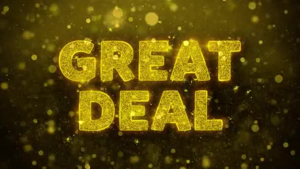 Grote deal tekst op gouden glitter glans deeltjes animatie. — Stockvideo