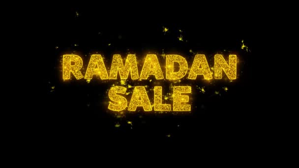 Το Ραμαζάνι κείμενο πώλησης πυροδοτεί σωματίδια σε μαύρο φόντο. — Αρχείο Βίντεο