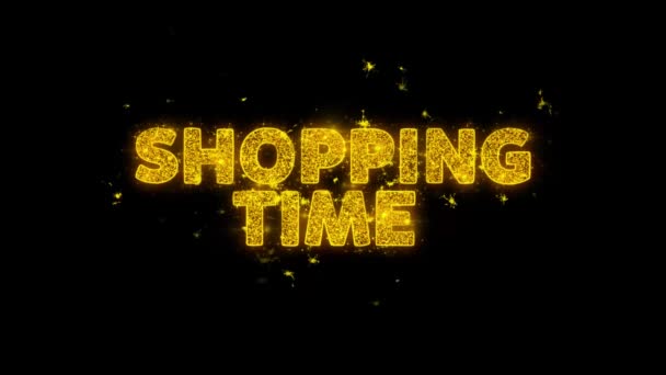 Shopping-Zeit Text funkt Partikel auf schwarzem Hintergrund. — Stockvideo