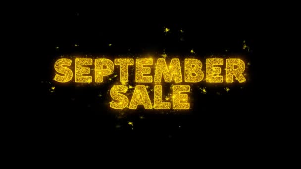 September verkoop tekst vonken deeltjes op zwarte achtergrond. — Stockvideo