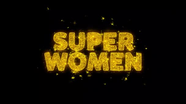 Super Women Text funkt Partikel auf schwarzem Hintergrund. — Stockvideo