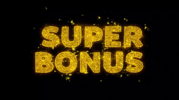 Super Bonus szöveg Sparks részecskék fekete háttér. — Stock videók
