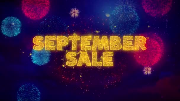 September försäljning text på färgglada Ftirework explosion partiklar. — Stockvideo