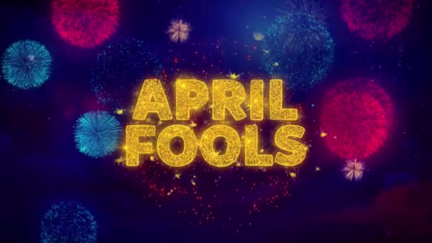 April fools Text on Colorful Ftirework Explosion Particles. — Stock Video