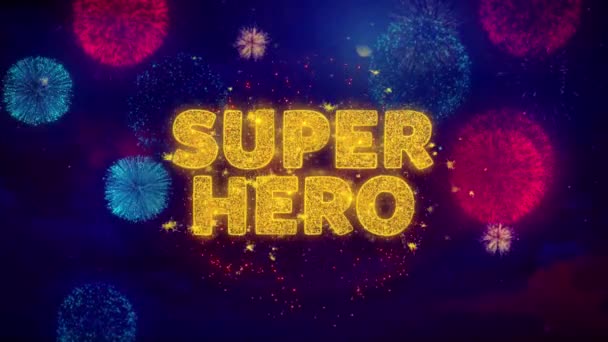 Superhelden-Text über bunte Ftirework-Explosionspartikel. — Stockvideo