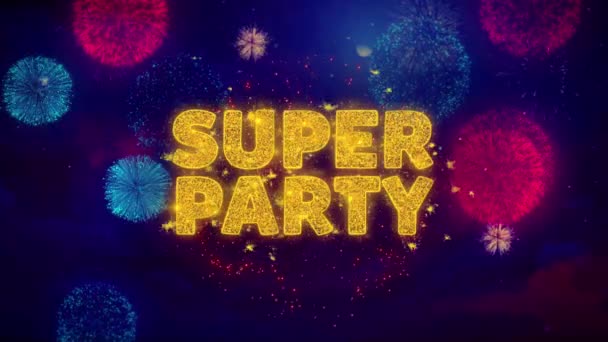 Super-Party-Text über bunte Feuerwerk-Explosionspartikel. — Stockvideo