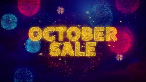 Oktober försäljning text på färgglada Ftirework explosion partiklar. — Stockvideo