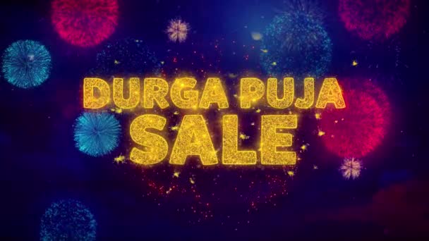 Durga Puja Sale Text on Colorful Ftirework Explosion Particles. — Stock Video