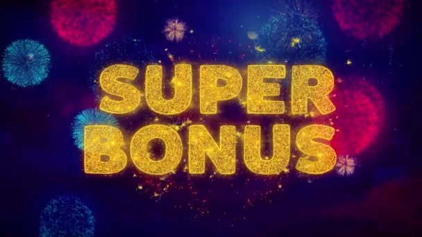 Super bonus text på färgglada Ftirework explosion partiklar. — Stockvideo