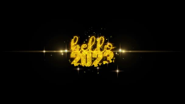 Hola 2023 Año Nuevo Texto del Año Nuevo Deseo Revelar en Glitter partículas de oro Fuegos artificiales . — Vídeo de stock